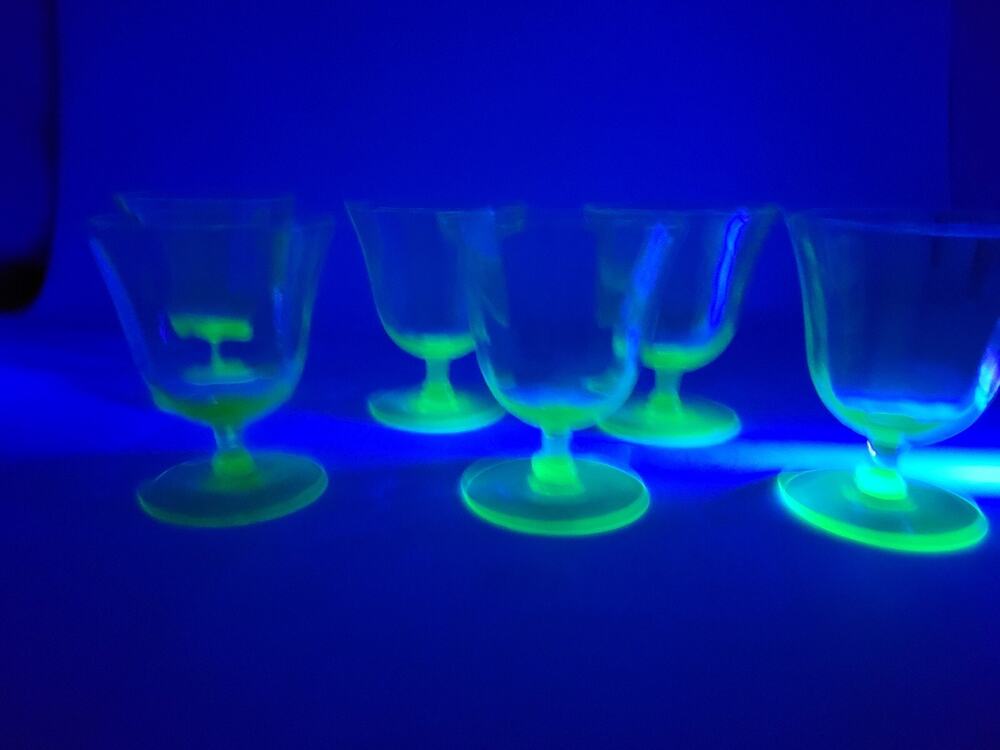 4oz Cups Vaseline Green Uranium Footed Depression Glass Barware Set Of 6